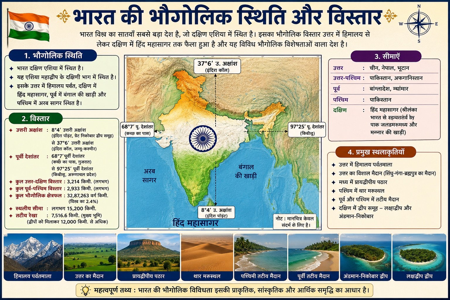 भारत की भौगोलिक स्थिति और विस्तार: 50 अति महत्वपूर्ण बहुविकल्पीय प्रश्न (MCQs) bharat bhaogolik sthiti aur vistar 500kb