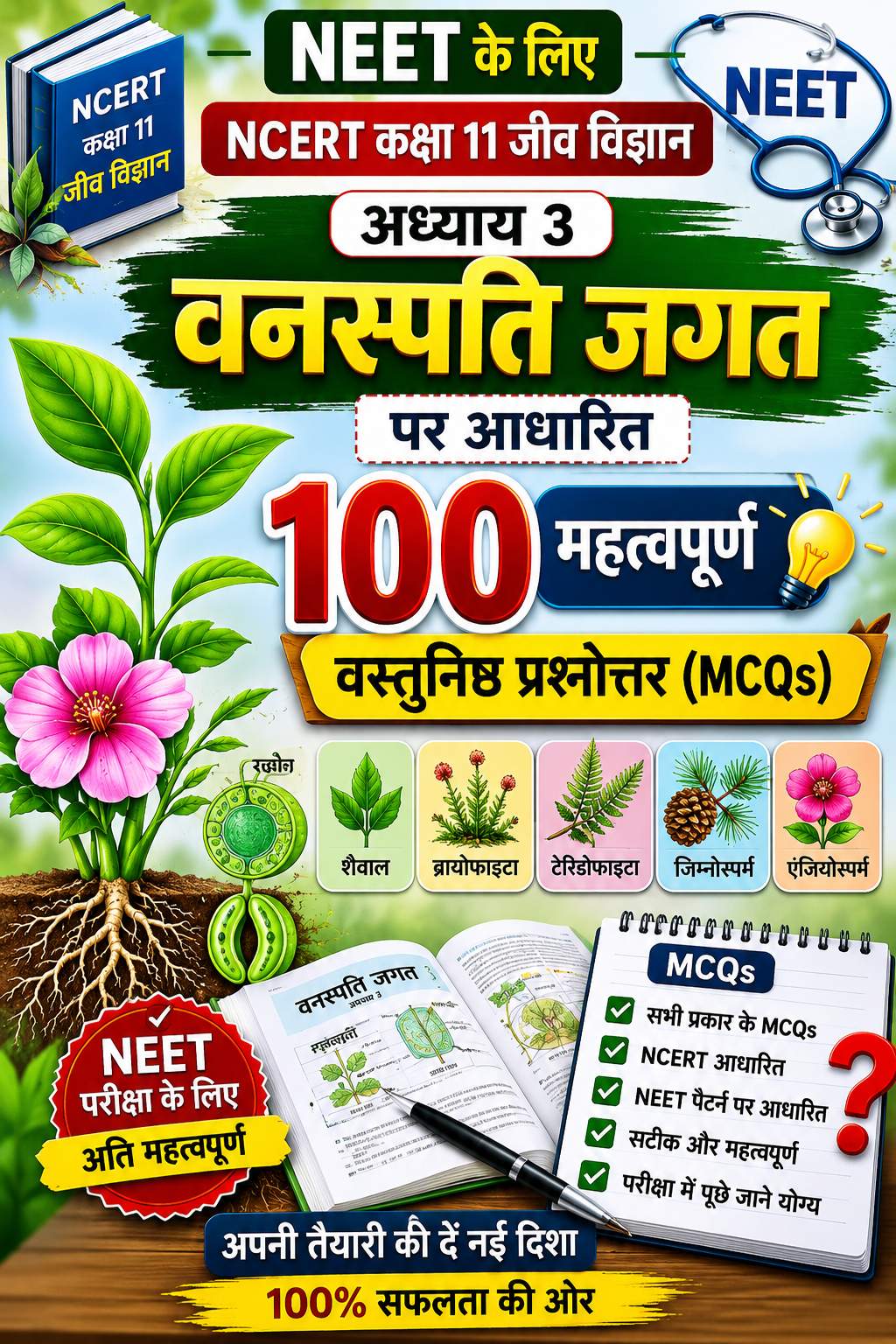 Science GK : वनस्पति जगत (Plant Kingdom) 100 महत्वपूर्ण वस्तुनिष्ठ प्रश्न (MCQs) neet vanaspati jagat 300kb