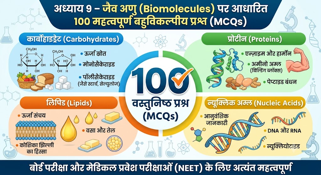 Science GK : "जैव अणु (Biomolecules)" पर आधारित 100 महत्वपूर्ण बहुविकल्पीय प्रश्न (MCQs) biomolecules mcq with answers hindi