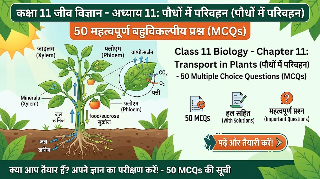 Science GK : "पौधों में परिवहन ( Transport in plants)" पर आधारित 50 बहुविकल्पीय प्रश्न (MCQs) paudhon me parivahan mcq in hindi class 11 biology chapter 11