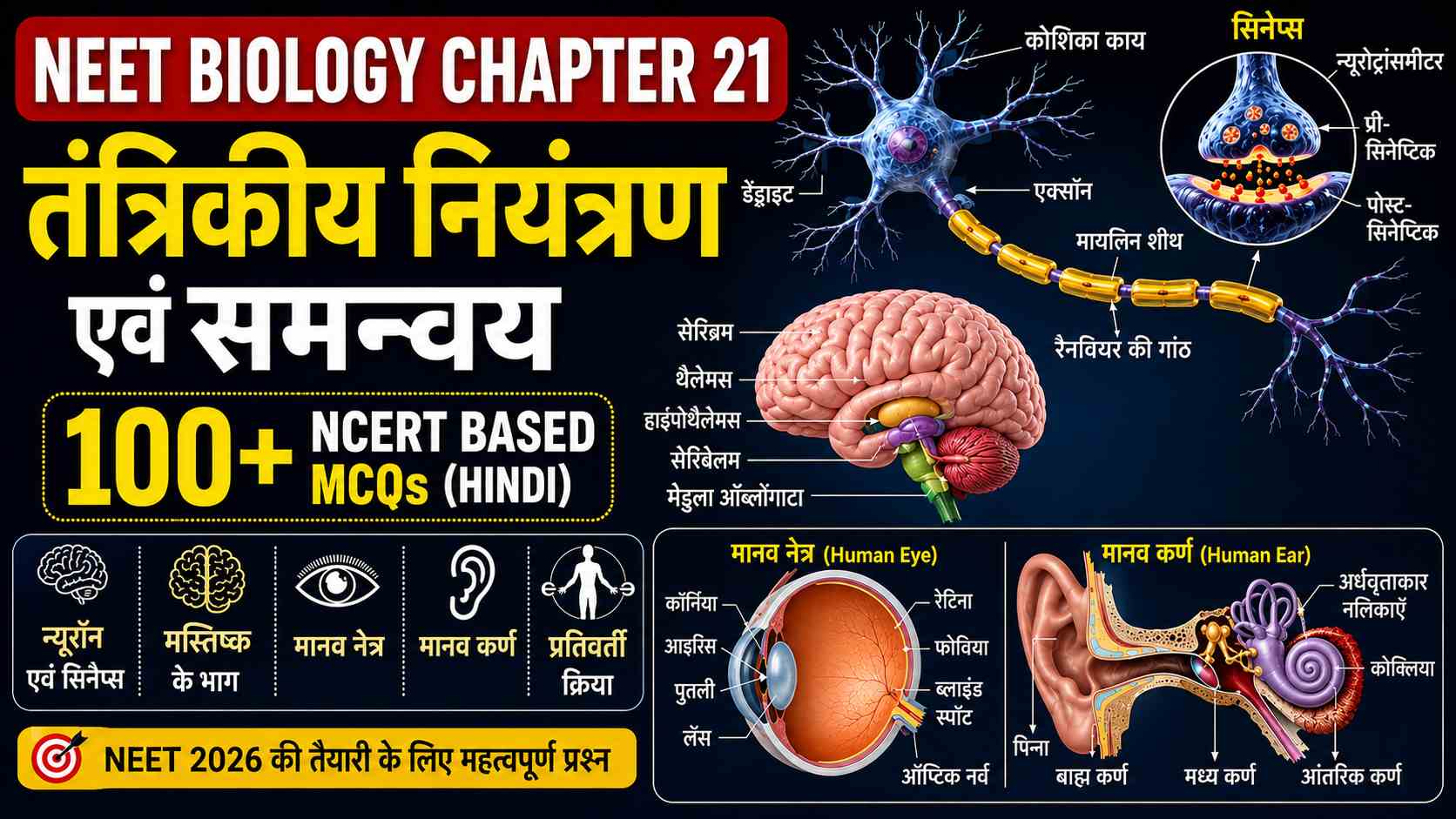 तंत्रिकीय नियंत्रण एवं समन्वय 100 प्रश्न उत्तर || Neural Control and Coordination 100 MCQs in Hindi neural control coordination mcq hindi