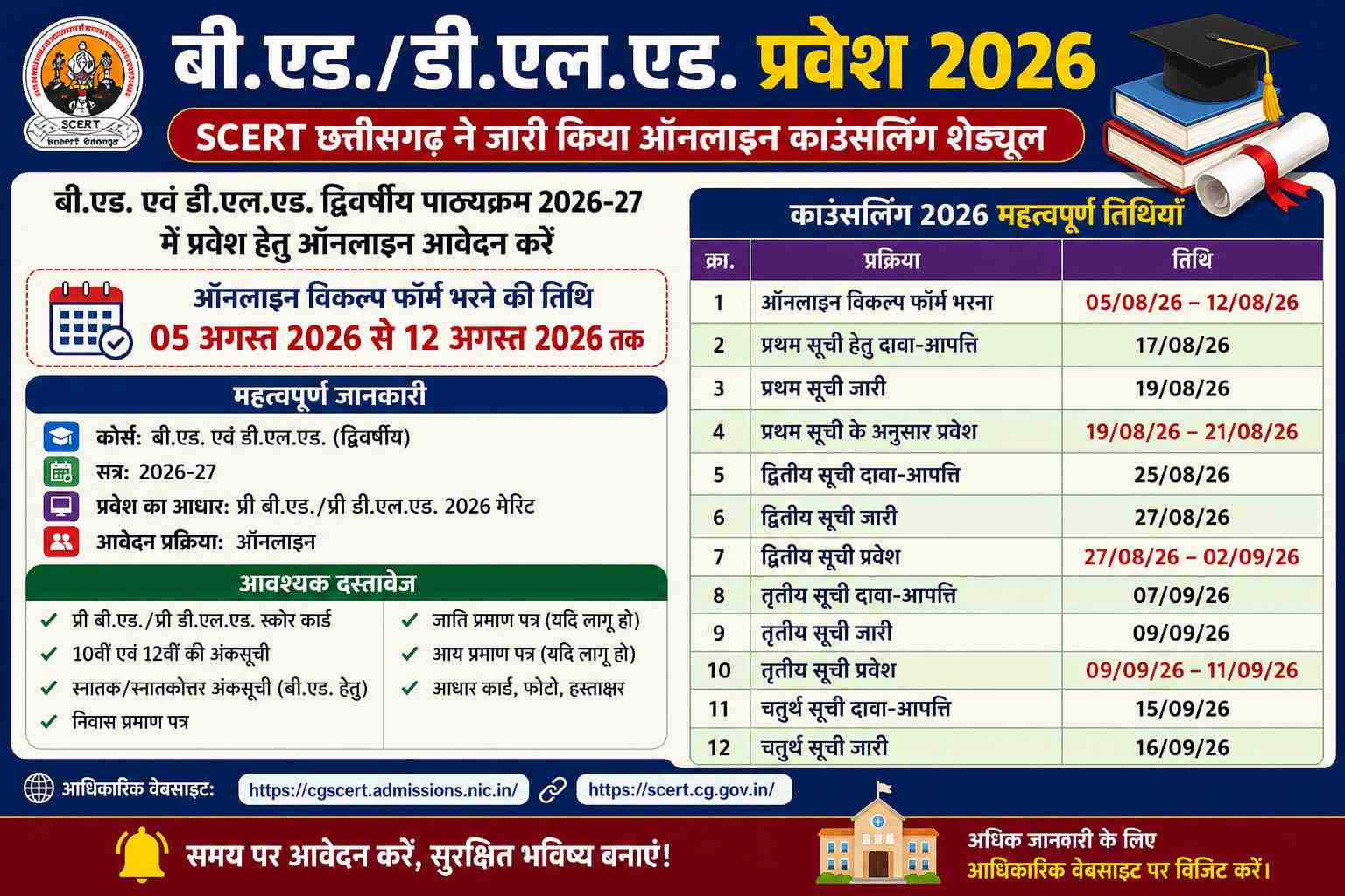 बी.एड./डी.एल.एड. प्रवेश 2026 ऑनलाइन काउंसलिंग शुरू | SCERT CG Admission Schedule bed dled admission 2026