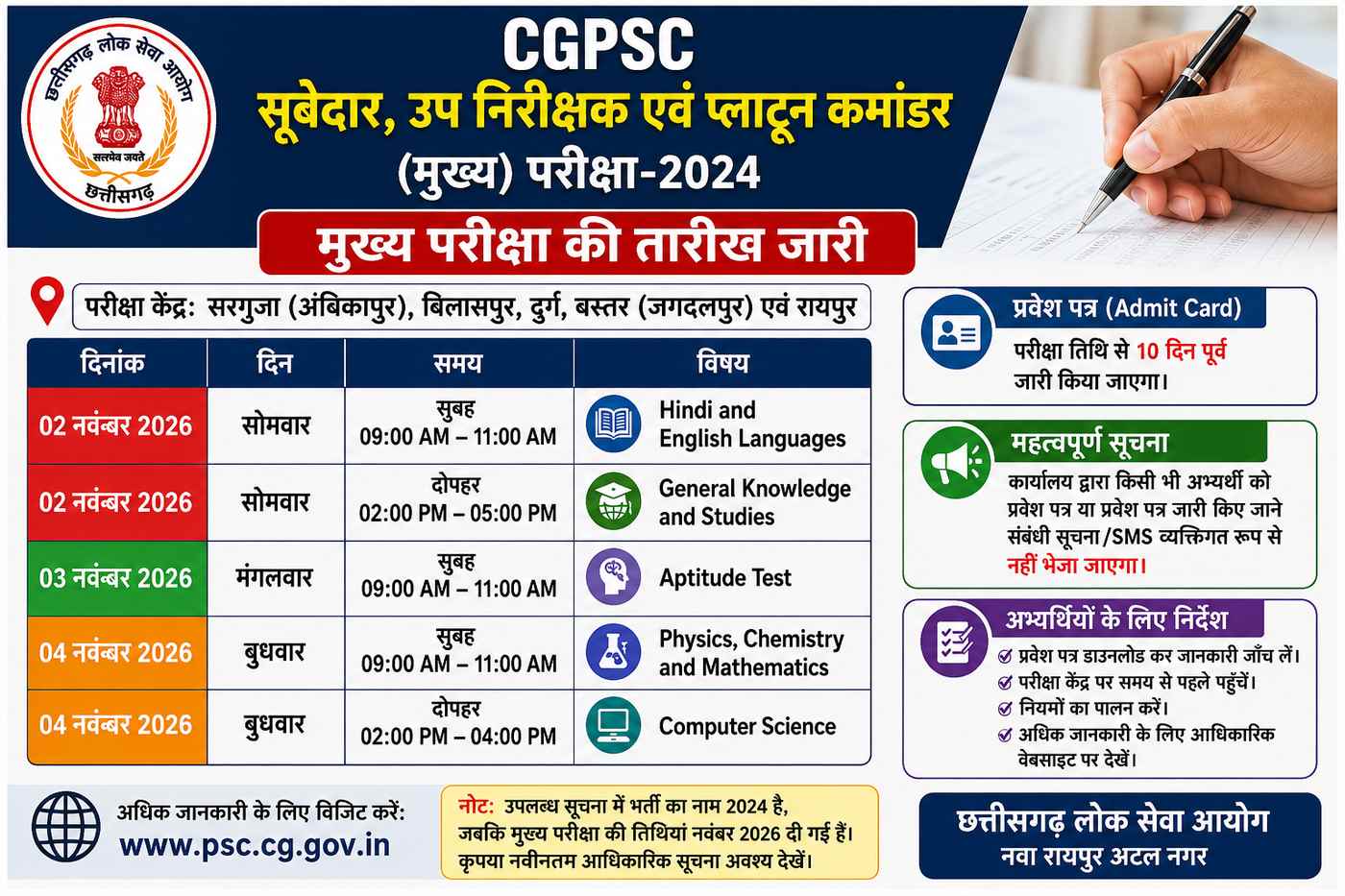 CGPSC SI मुख्य परीक्षा 2024 की तारीख जारी, 2 से 4 नवंबर 2026 परीक्षा cgpsc si main exam 2024