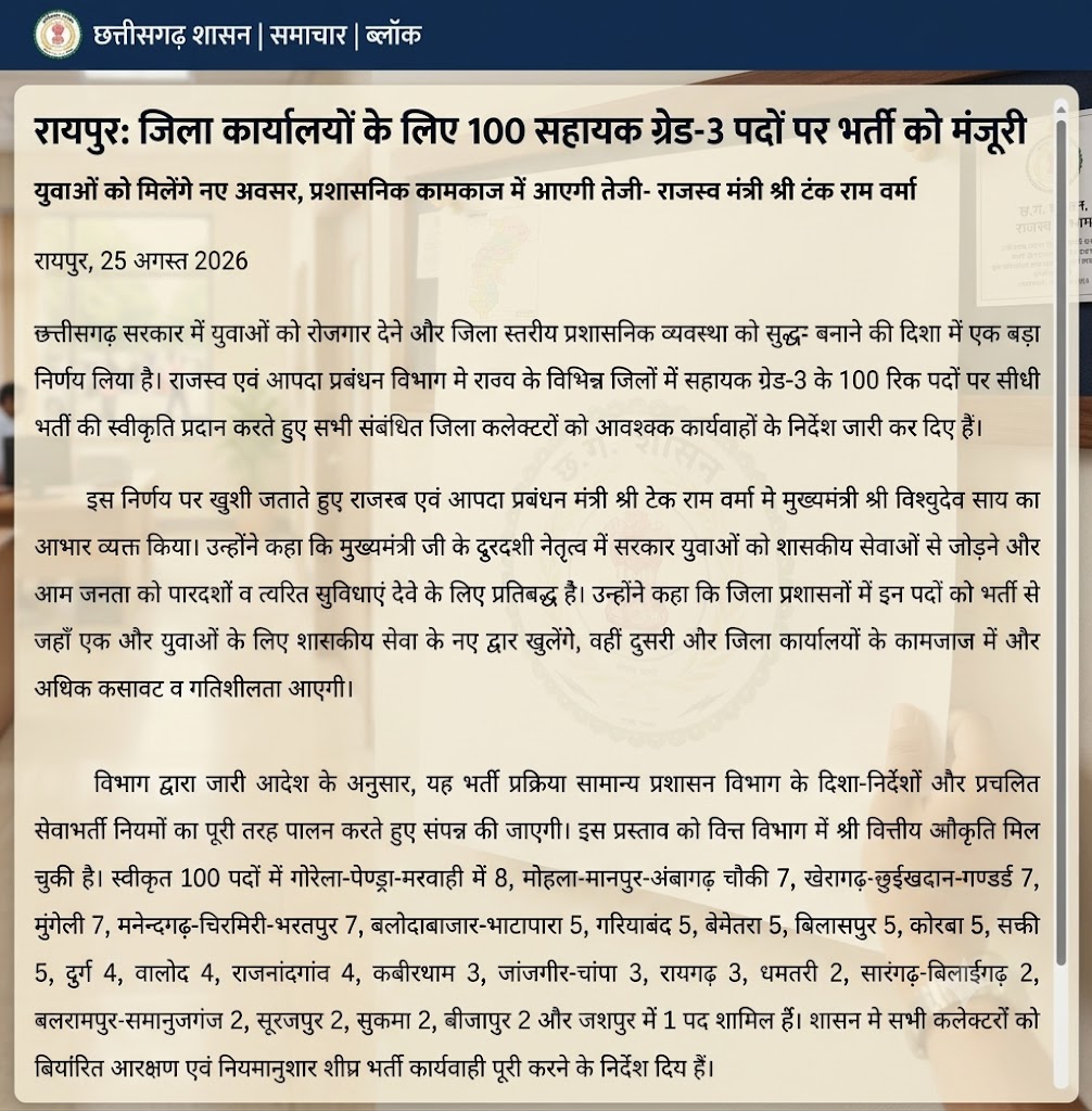 छत्तीसगढ़ सहायक ग्रेड-3 भर्ती 2026: 100 पदों पर भर्ती chhattisgarh sahayak grade 3 bharti 2026