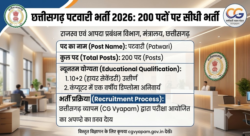 CG Patwari Bharti 2026: छत्तीसगढ़ में पटवारी के 200 पदों पर बम्पर भर्ती! cg patwari bharti 200 posts vyapam 2026