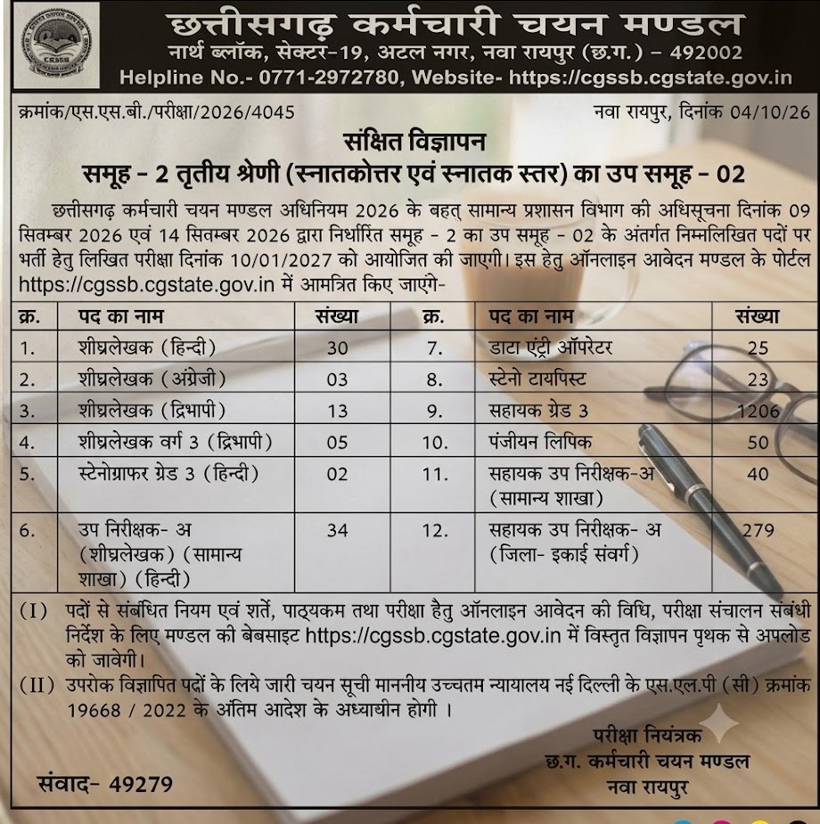 CGSSB सहायक ग्रेड 3, DEO और अन्य पदों पर बंपर भर्ती cgssb group 2 recruitment 2026 assistant grade 3 deo