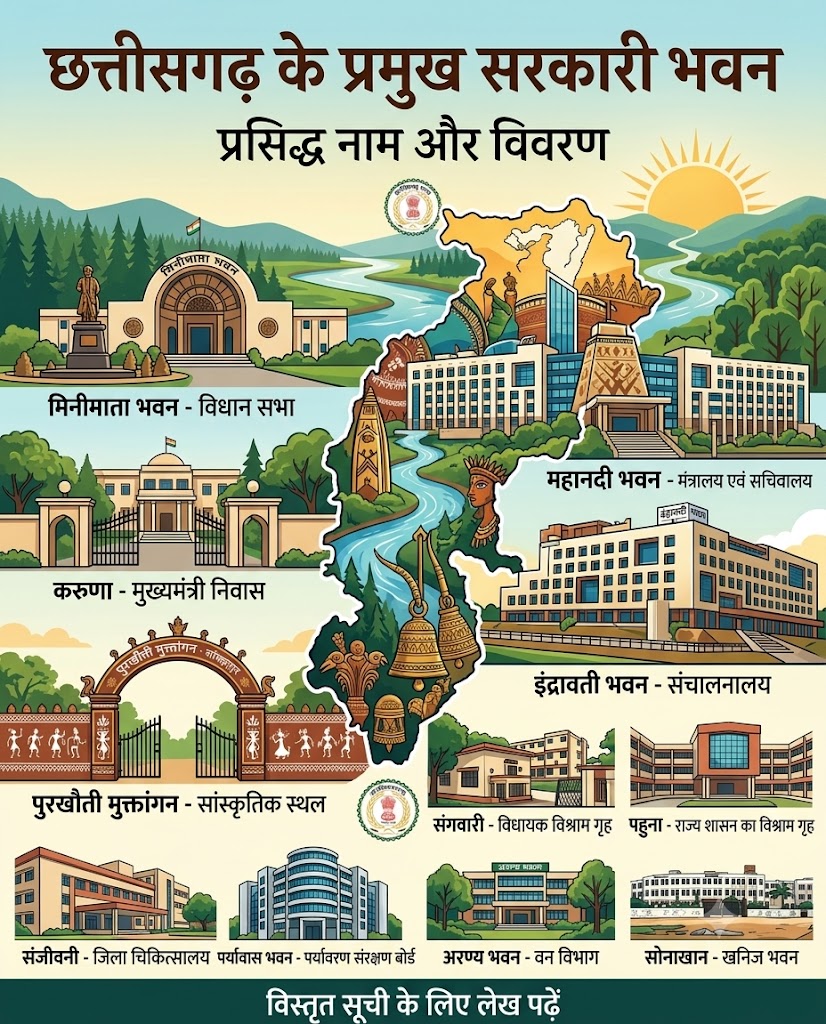 छत्तीसगढ़ के प्रमुख सरकारी भवन और उनके नाम & Quiz chhattisgarh government buildings names list