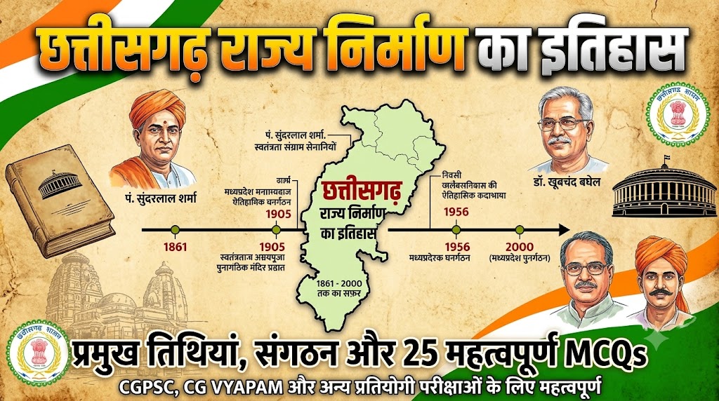 छत्तीसगढ़ राज्य निर्माण का इतिहास: 25 MCQ chhattisgarh rajya nirman itihas mcq
