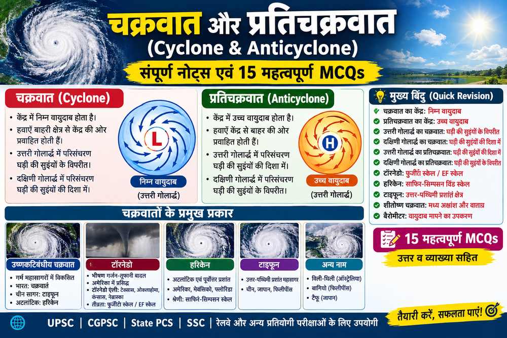 चक्रवात और प्रतिचक्रवात: नोट्स व 15 महत्वपूर्ण MCQs cyclone and anticyclone in hindi